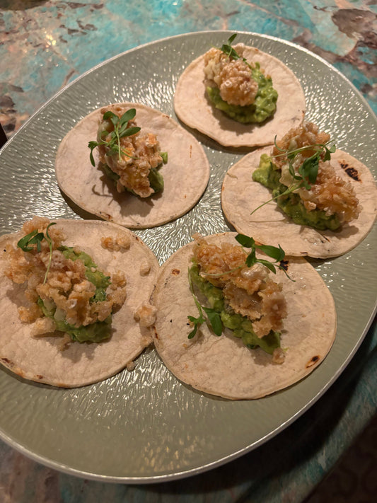 Chicharrón Tacos with Muria Spicy Cilantro Cheese